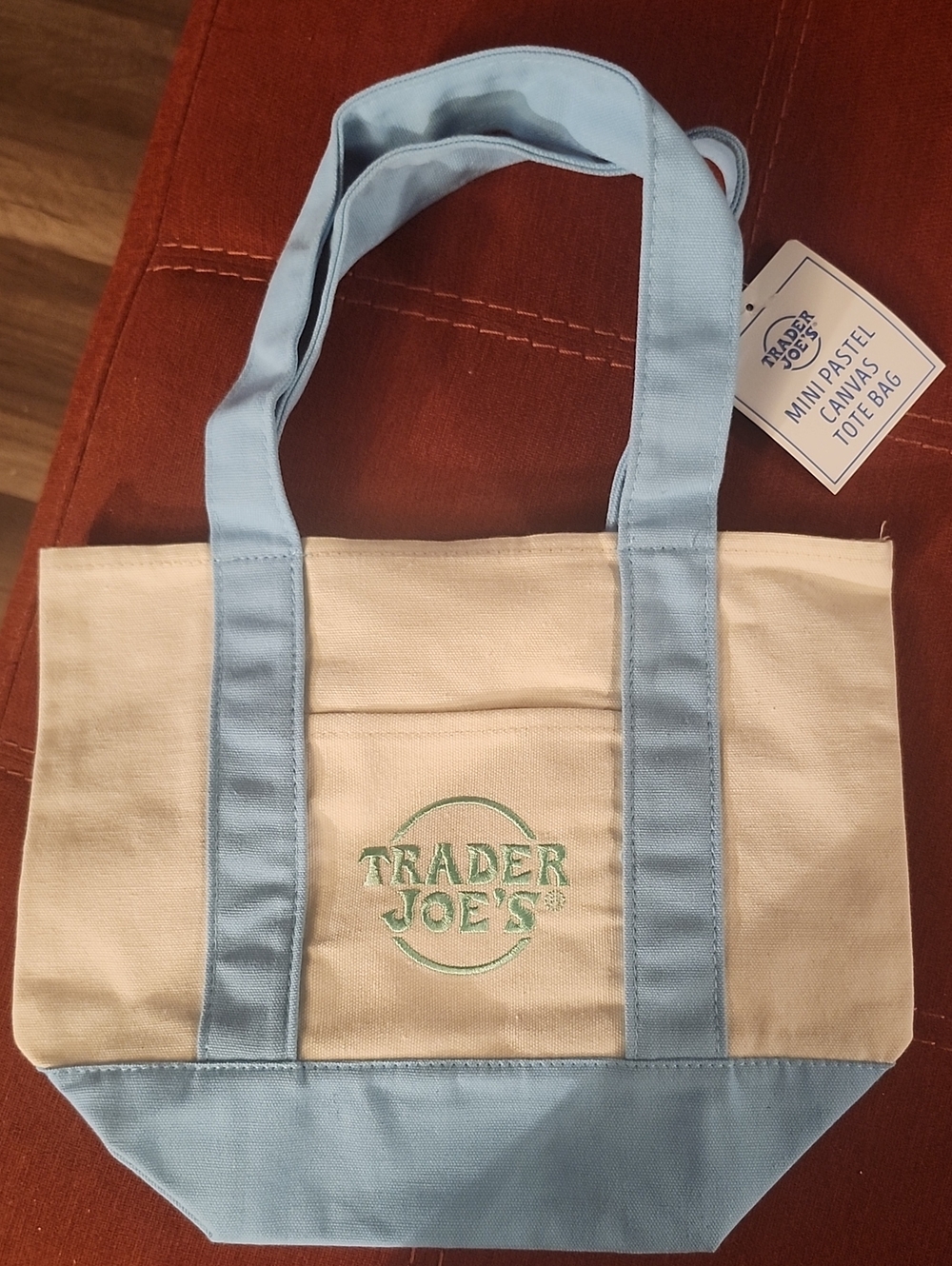 Trader Joe's Cream and Light Blue Canvas Tote Bag